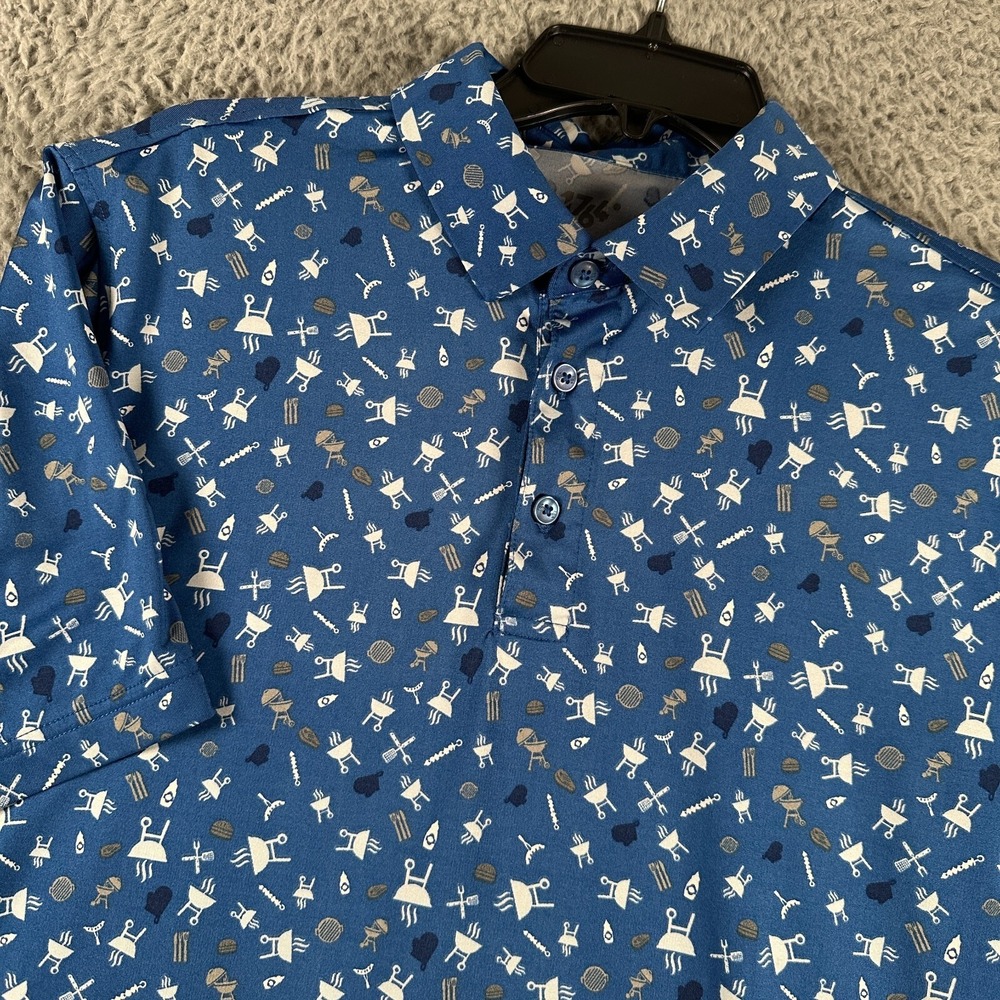 1764 Golf‎ Polo Shirt Mens Medium Blue BBQ All Over Print Summer